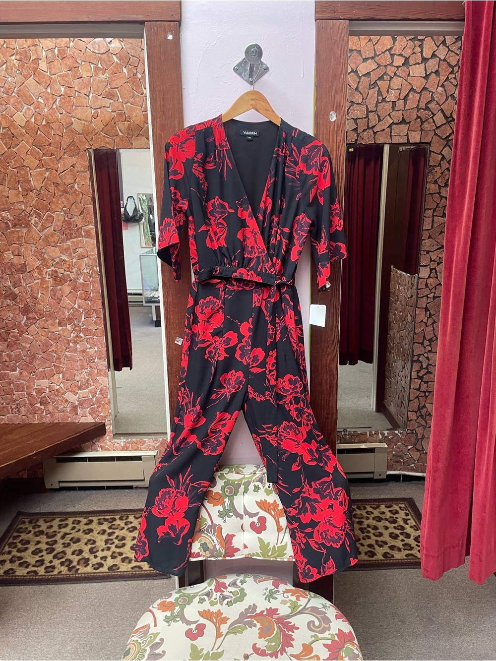Yumi Kim Black Jumpsuit with Red Floral Print and Tie Waist